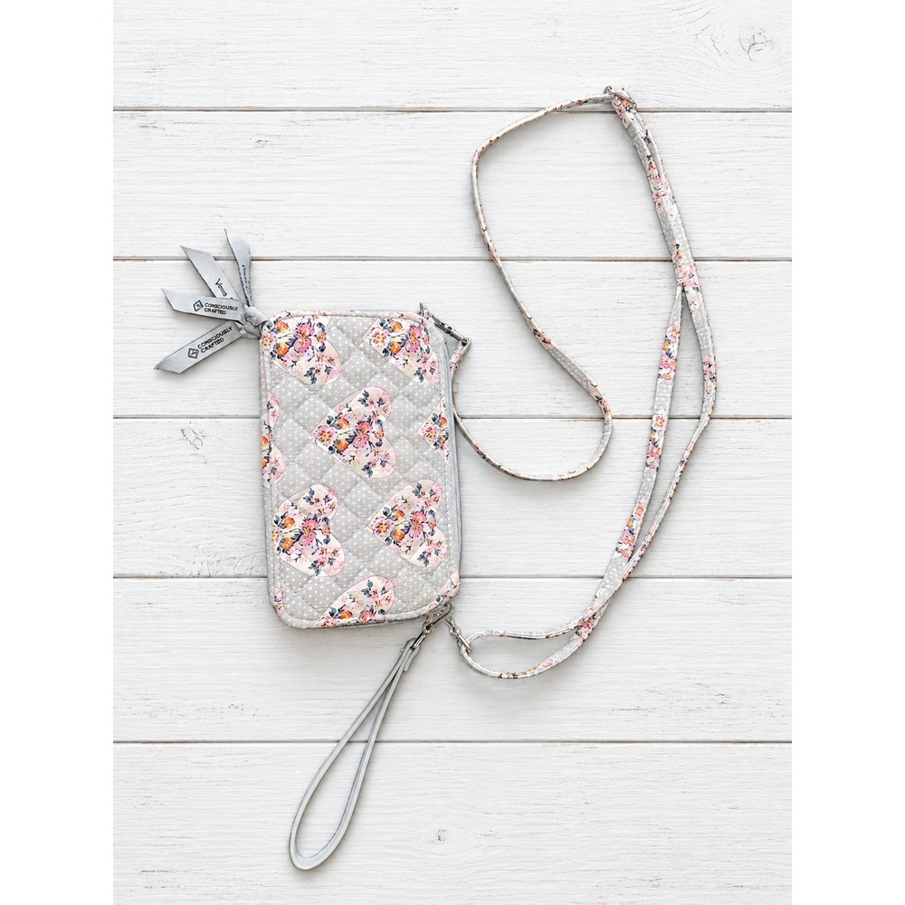 Vera Bradley RFID All In One Crossbody Floral Heart Polka Dot Gray OS